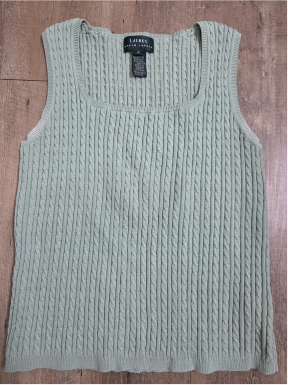 Lauren Ralph Lauren Cable Knit Square Neck Tank Top Sage Green Cotton Blend M